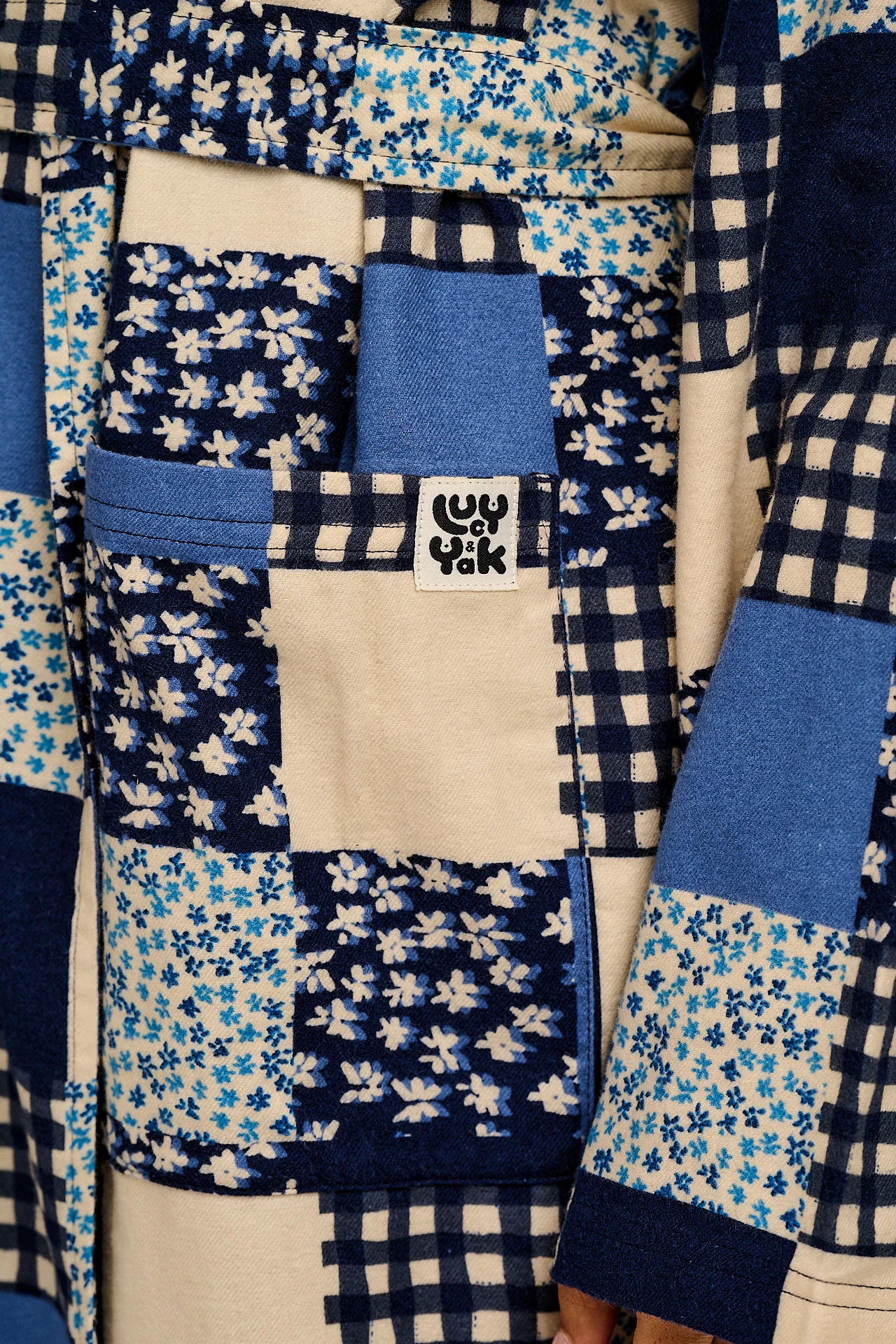 Braydon - Brushed Cotton Robe in Inked Blue Patchwork - Image 7