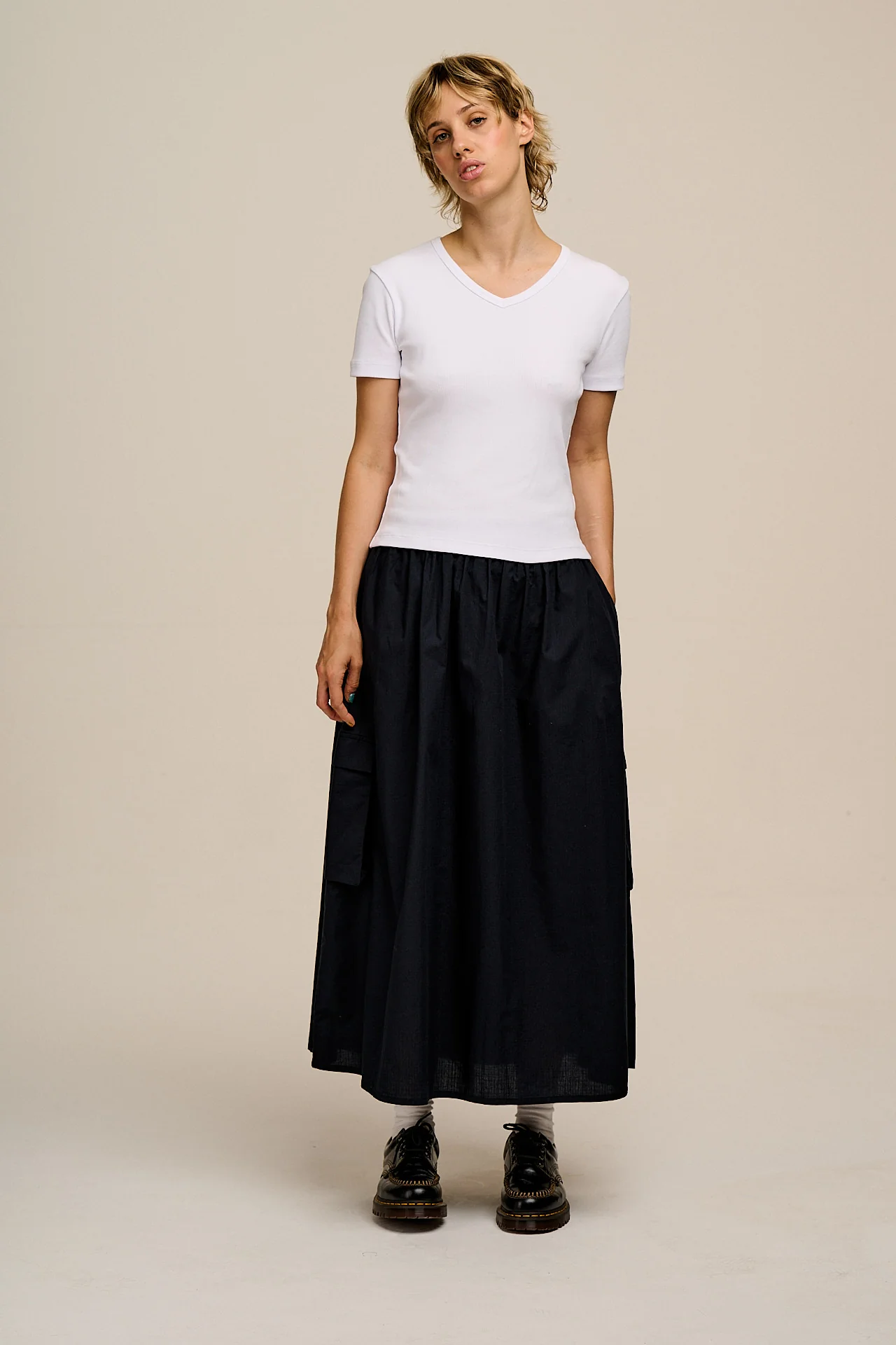 Ivy - Ribbed Cotton V Neck T-Shirt in White - Image 8