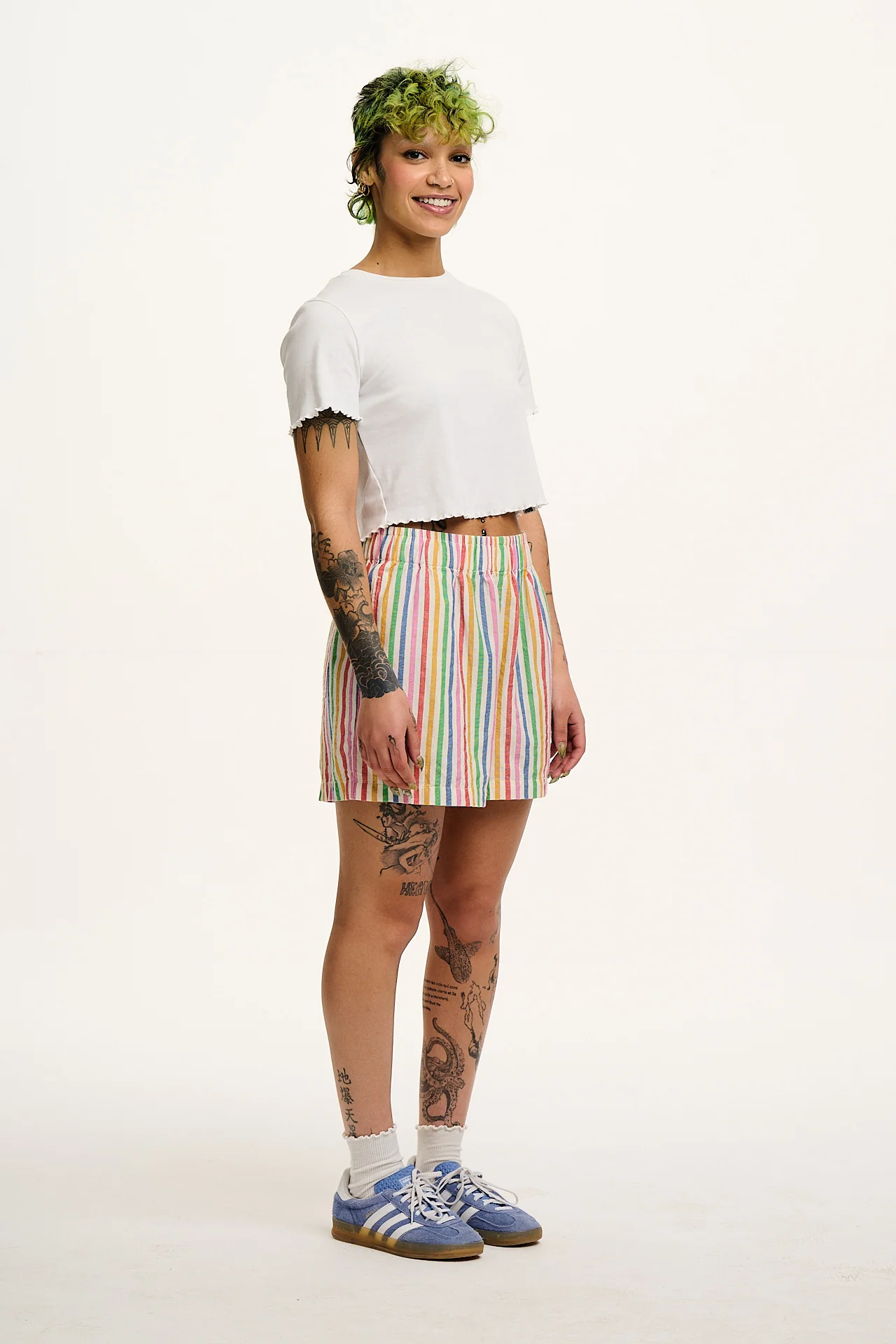 Jessie - Cotton & Linen Shorts in Rainbow Stripe - Image 4