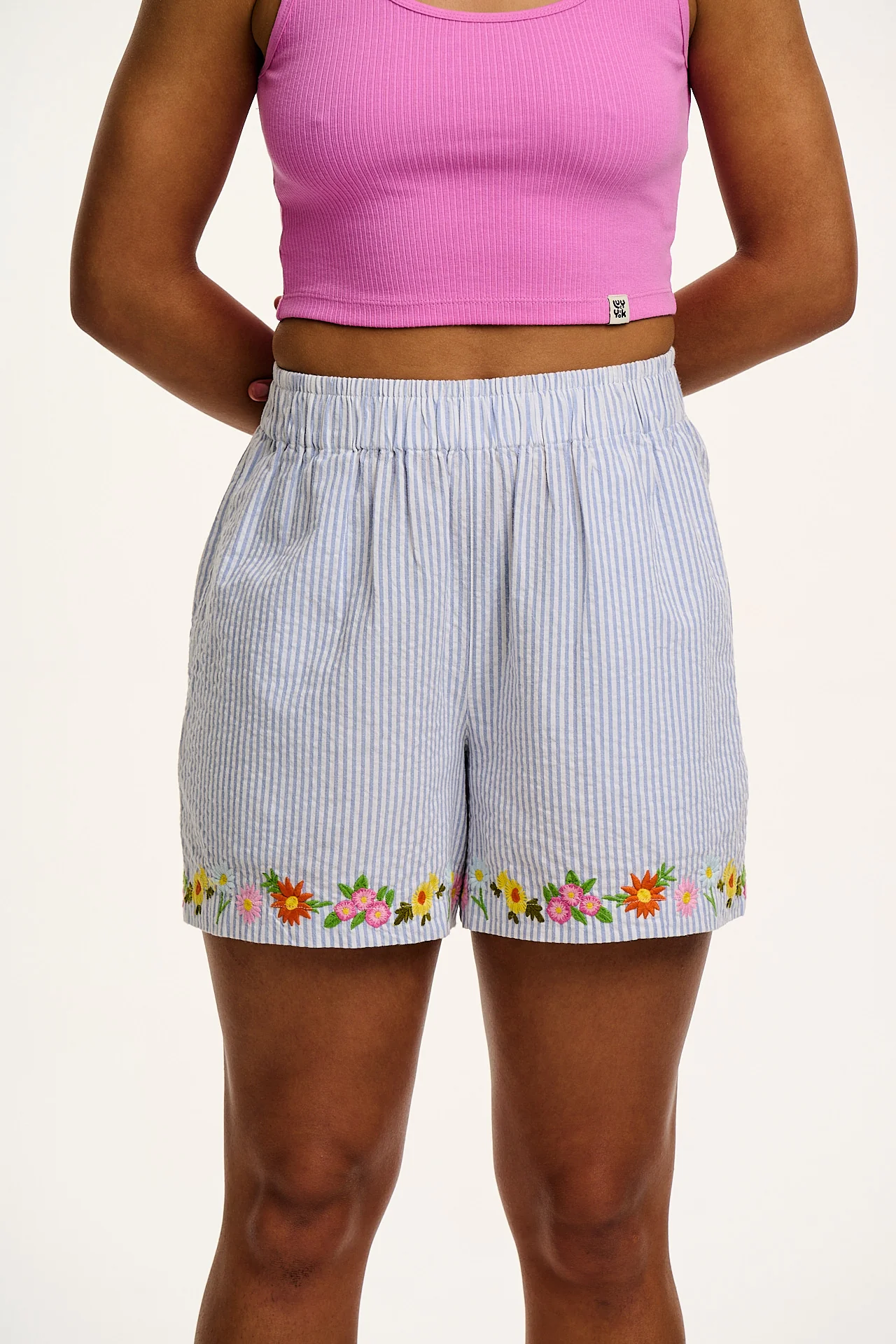 Jessie - Cotton Seersucker Shorts in Blue Stripe with Floral Embroidery - Image 11