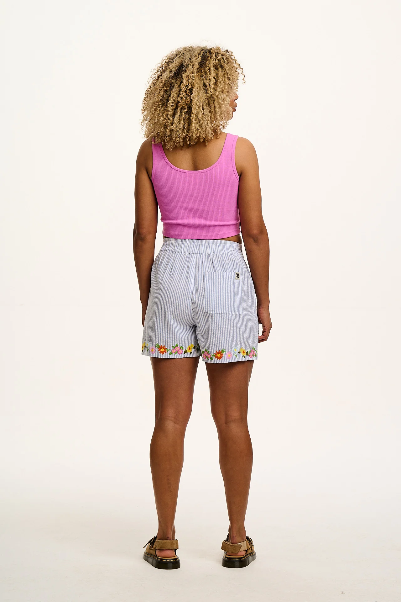 Jessie - Cotton Seersucker Shorts in Blue Stripe with Floral Embroidery - Image 12