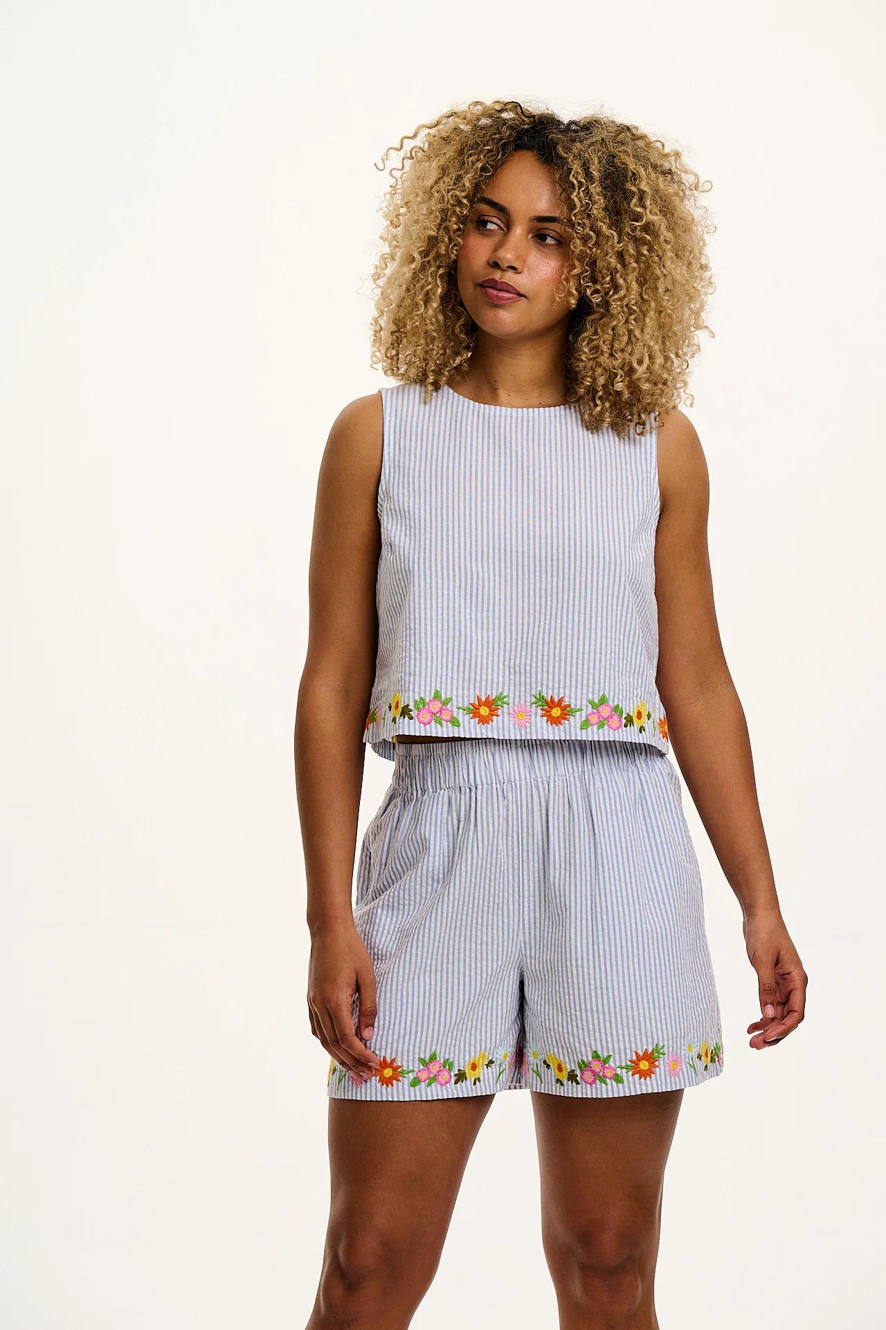 Jessie - Cotton Seersucker Shorts in Blue Stripe with Floral Embroidery - Image 7