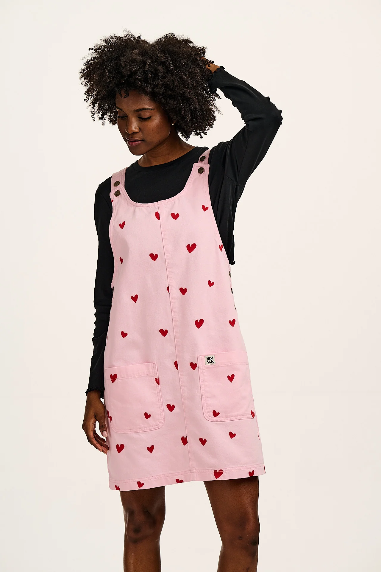 Layla - Denim Mini Dress in Pink Wash with Cupid Hearts Embroidery - Image 3