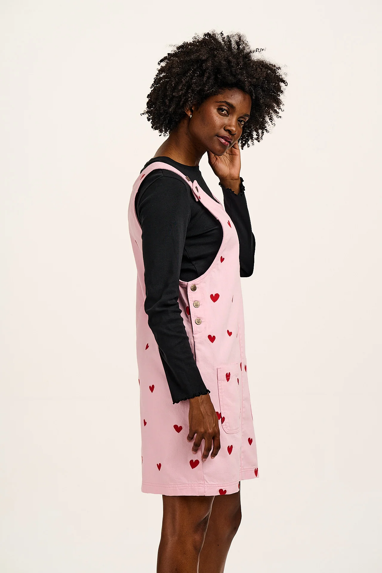 Layla - Denim Mini Dress in Pink Wash with Cupid Hearts Embroidery - Image 5