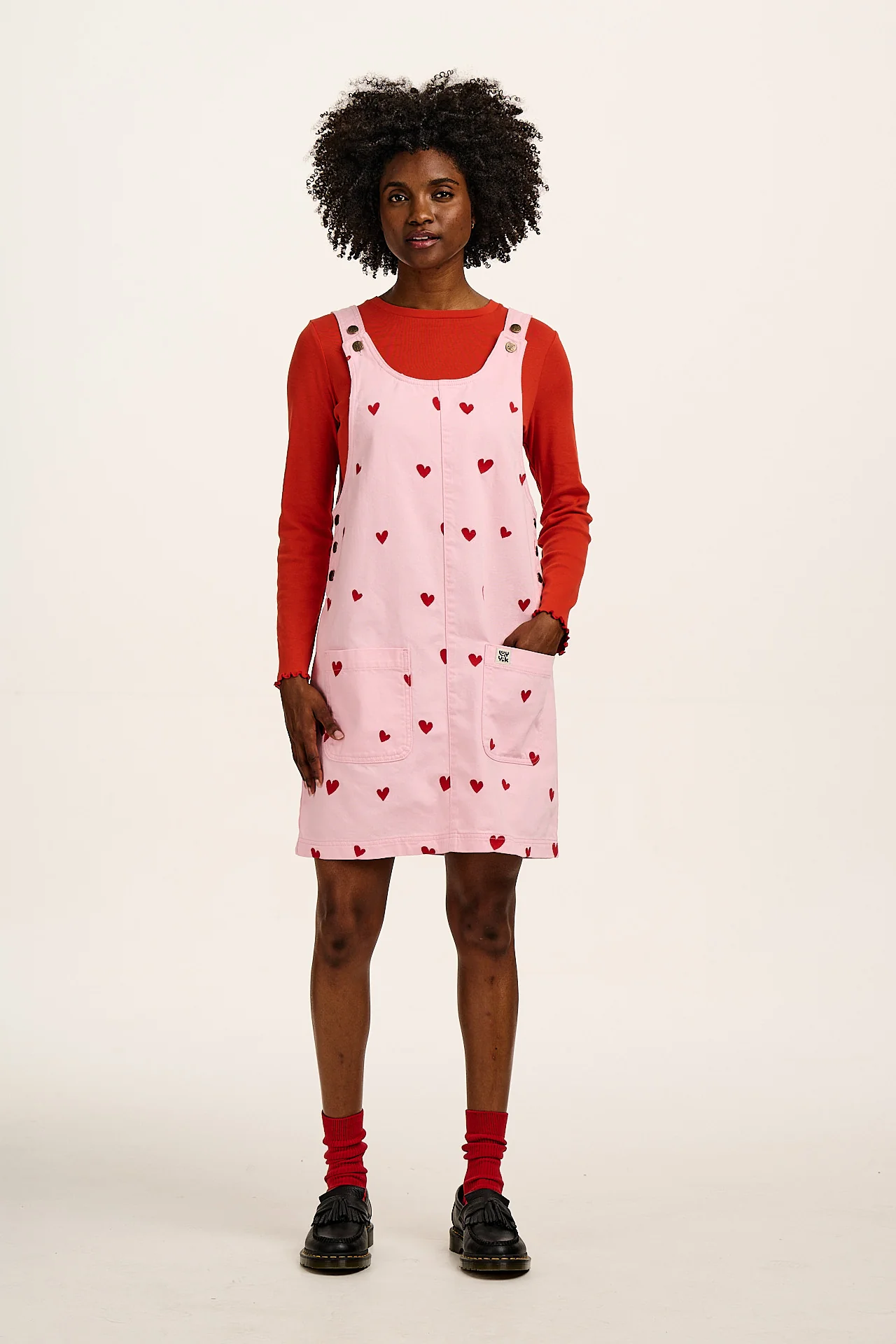 Layla - Denim Mini Dress in Pink Wash with Cupid Hearts Embroidery - Image 8