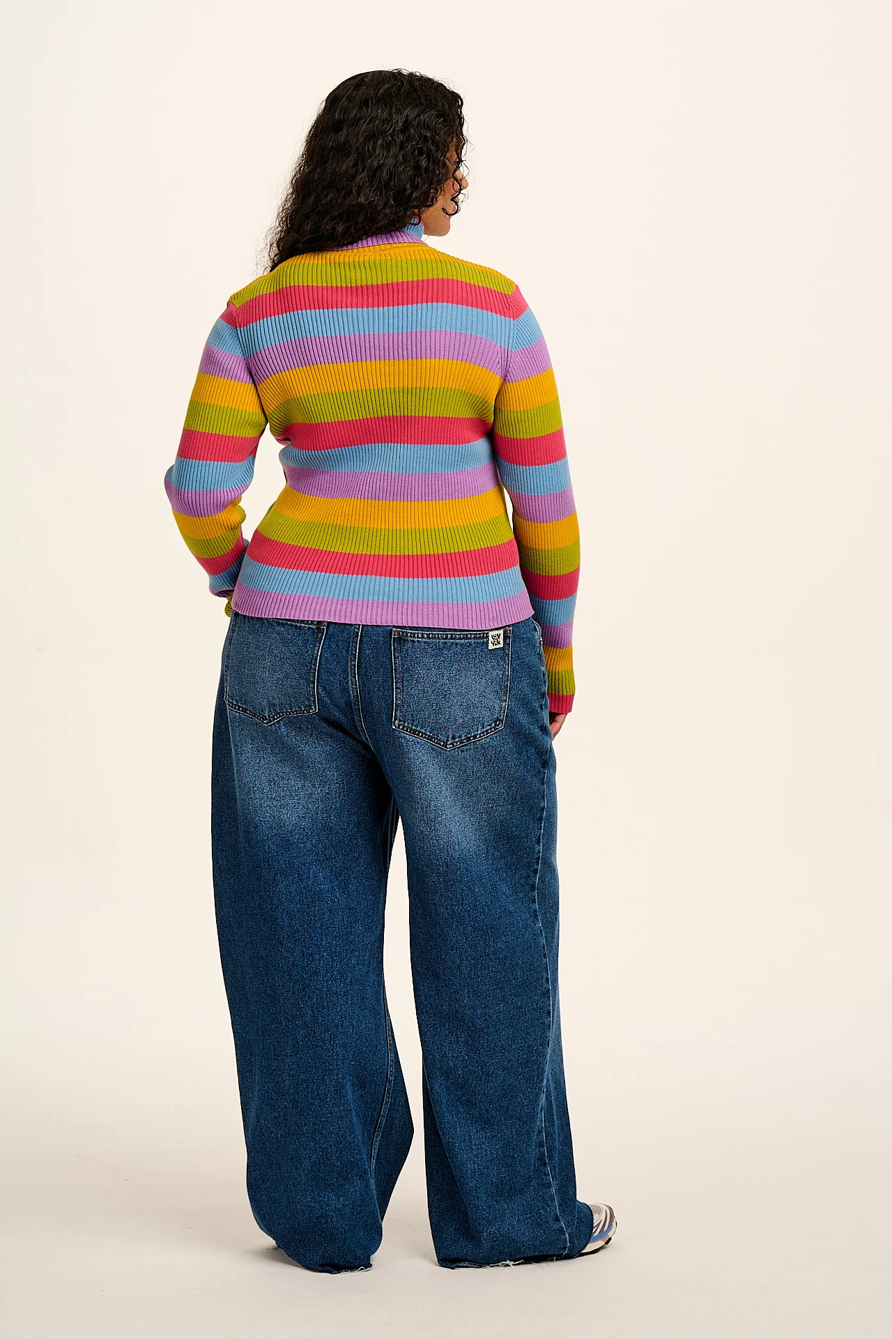 Eva -  Knitted Roll Neck Long Sleeve Top in Rainbow Stripe - Image 3