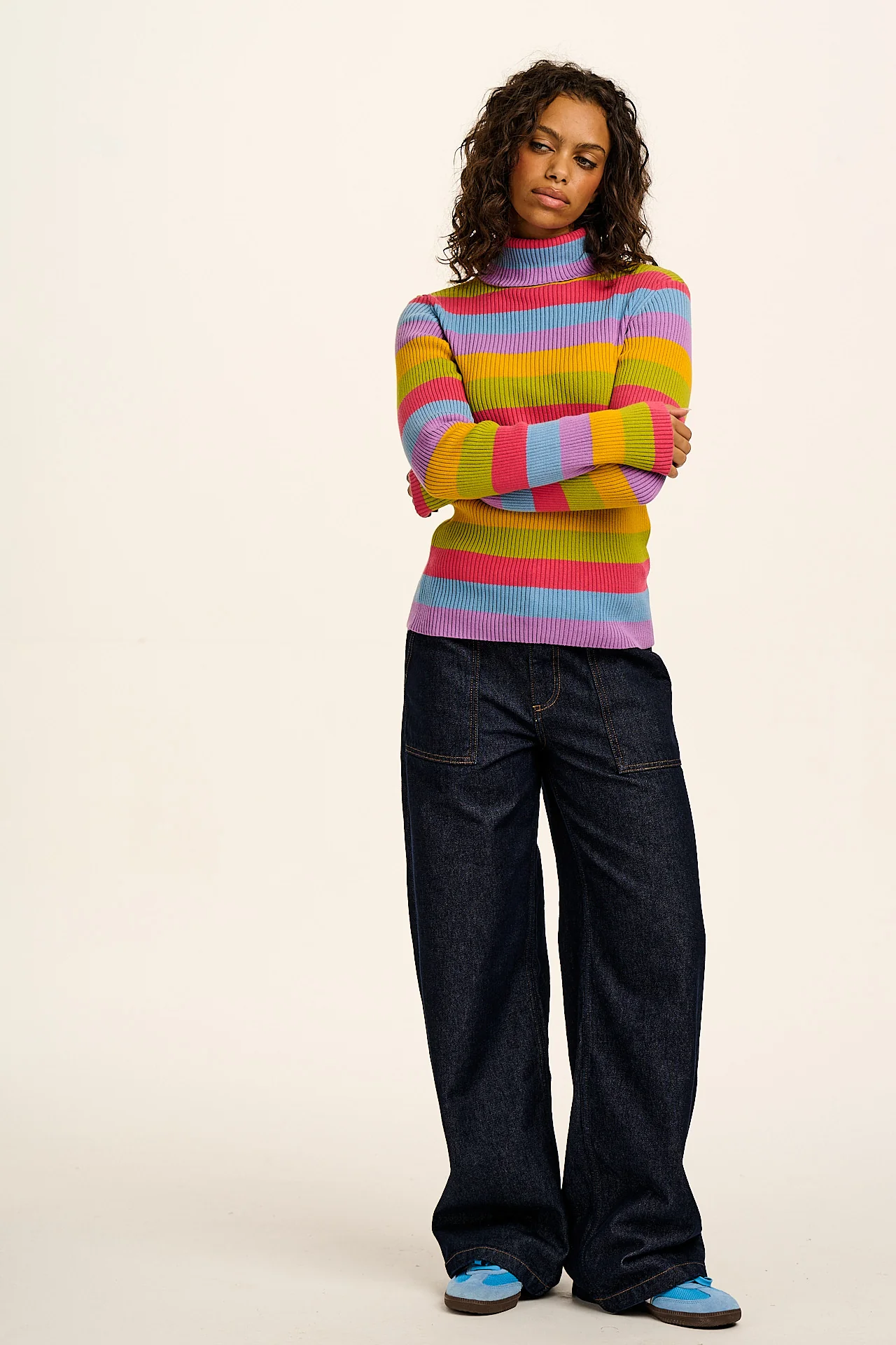 Eva -  Knitted Roll Neck Long Sleeve Top in Rainbow Stripe - Image 4