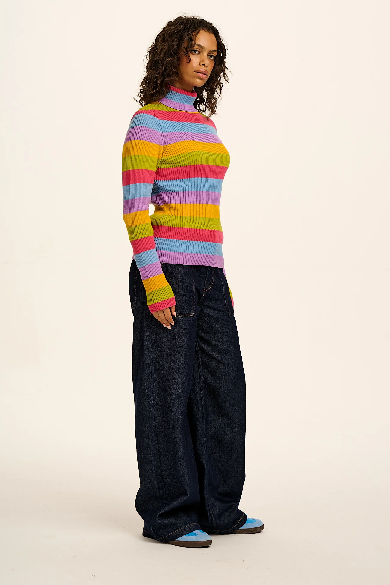 Eva -  Knitted Roll Neck Long Sleeve Top in Rainbow Stripe - Image 5