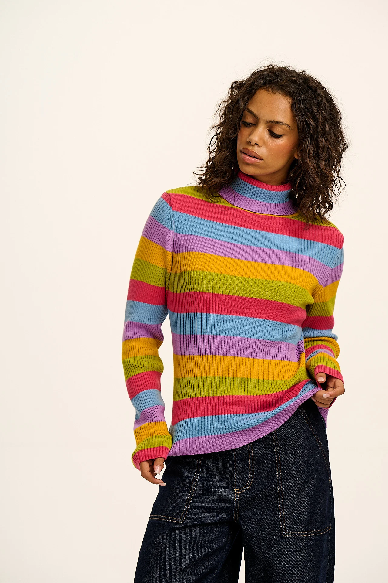 Eva -  Knitted Roll Neck Long Sleeve Top in Rainbow Stripe - Image 6