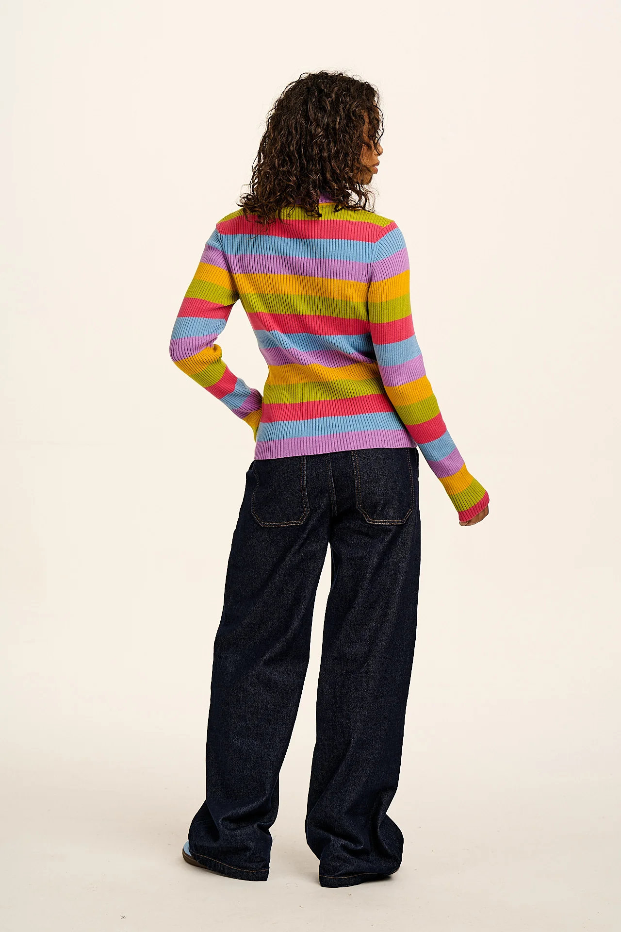 Eva -  Knitted Roll Neck Long Sleeve Top in Rainbow Stripe - Image 8