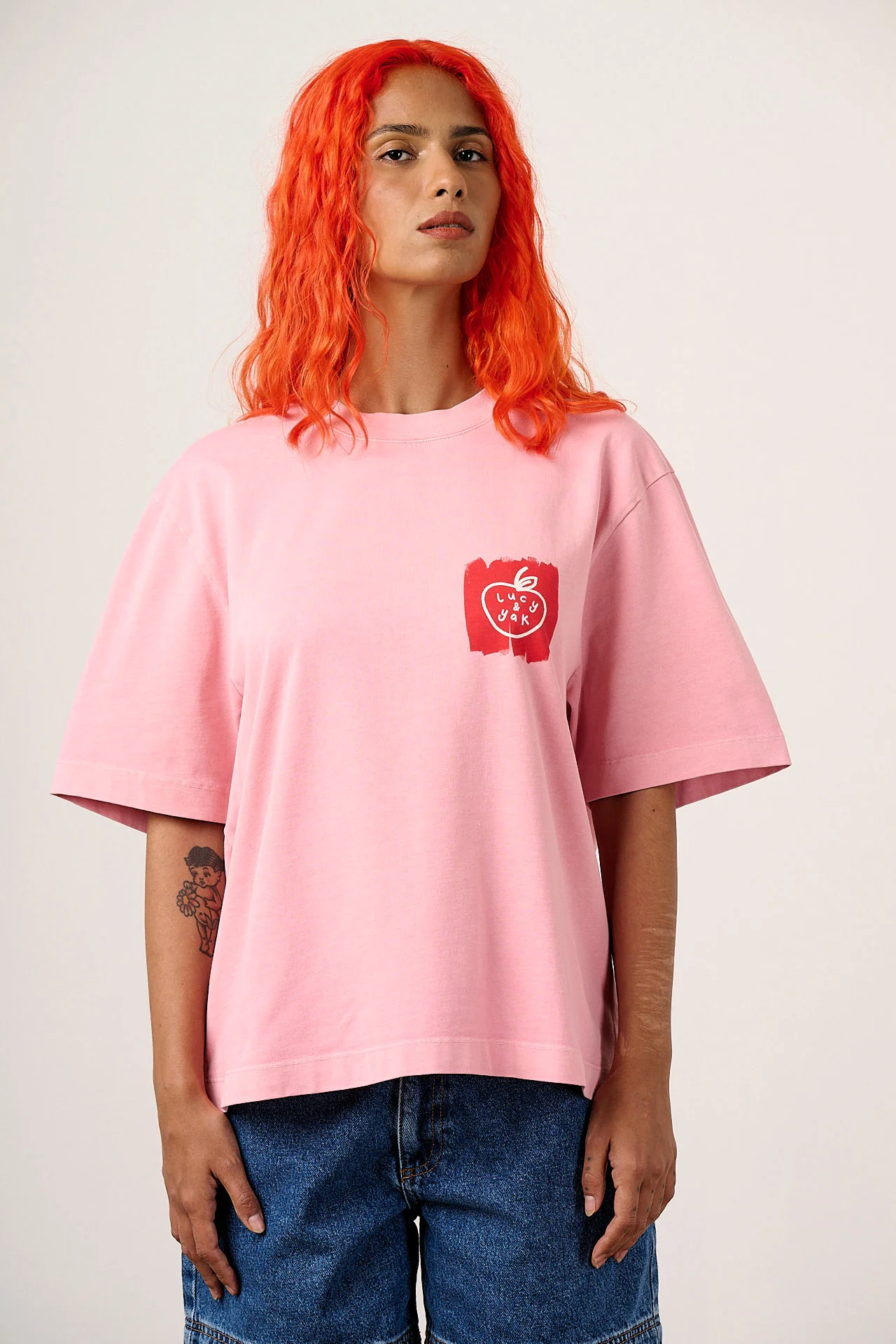 Noa - Cotton Heavyweight Boxy T-Shirt in Washed Pink & Red Blurred Checkerboard - Image 2