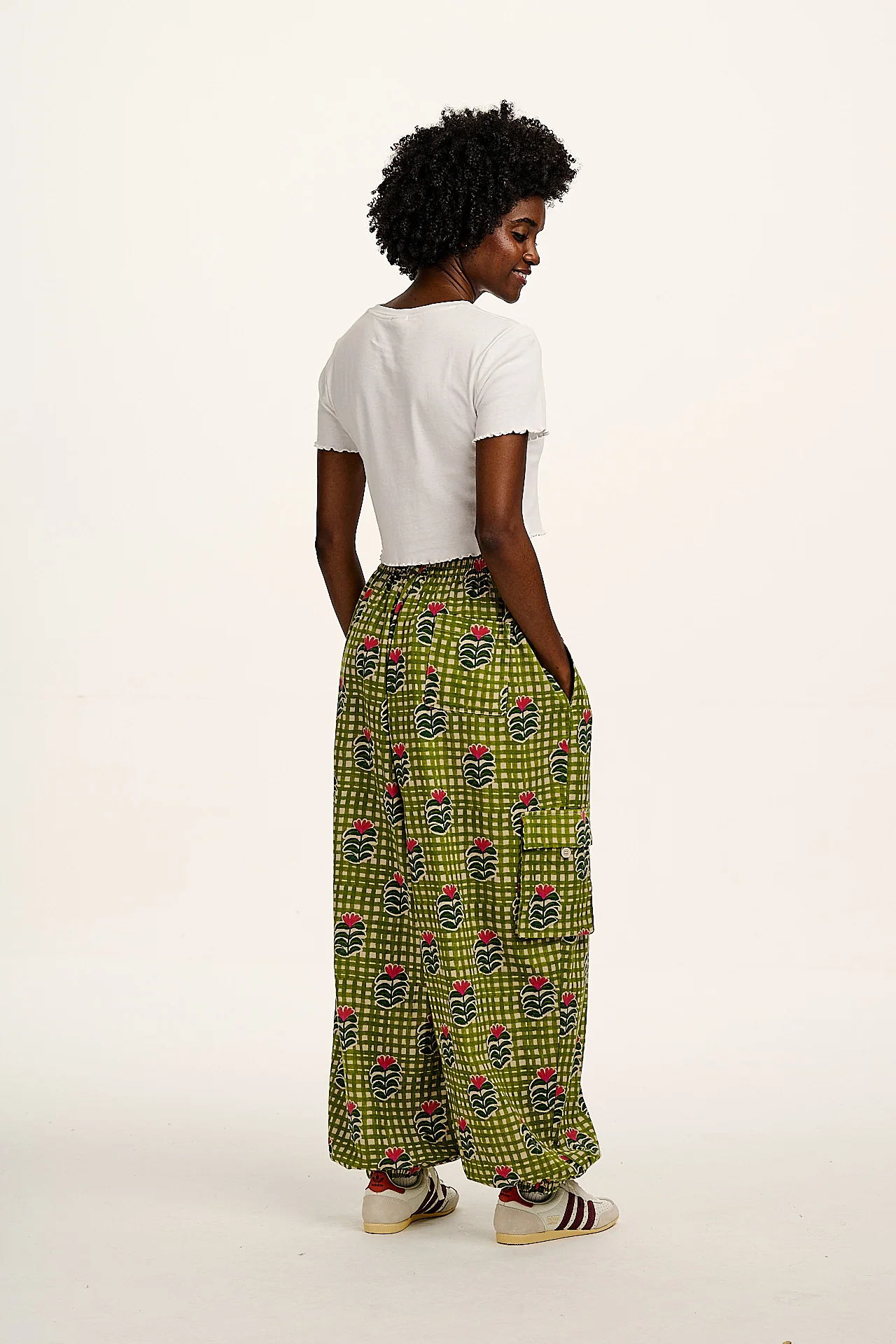 Rumi - Cotton & Linen Balloon Trousers in Blooming Green Checkerboard - Image 13